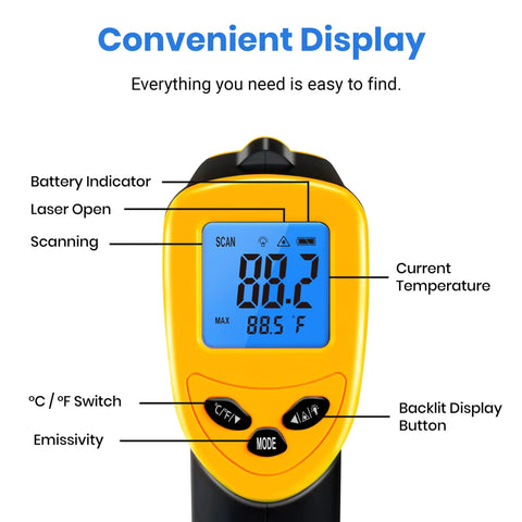 Close-up of Instant Read Infrared Thermometer Laser Temp Gun For Meat BBQ Kitchen And Fridge With Adjustable Emissivity showing its digital display and buttons.