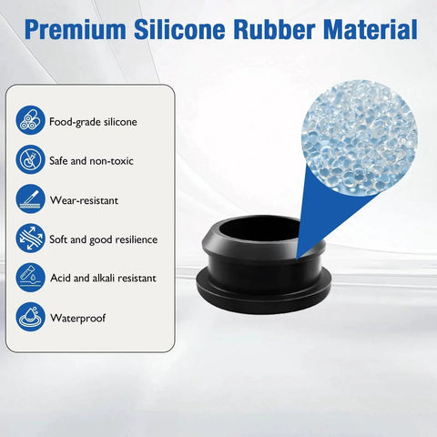 8 Pack Silicone Hole Plugs Locking End Caps For 1-1/2 Inch Holes Waterproof in black silicone with material features.
