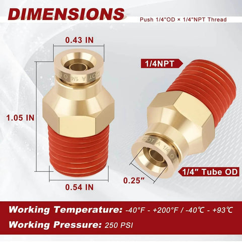 1/4 Inch Quick Push To Connect Brass Union Straight Fitting High Quality DOT Approved For Tube OD X NPT Thread Air Line Adapter Suspension Kit For Truck Trailers And Brake System 4pcs, dimensions and specifications shown.