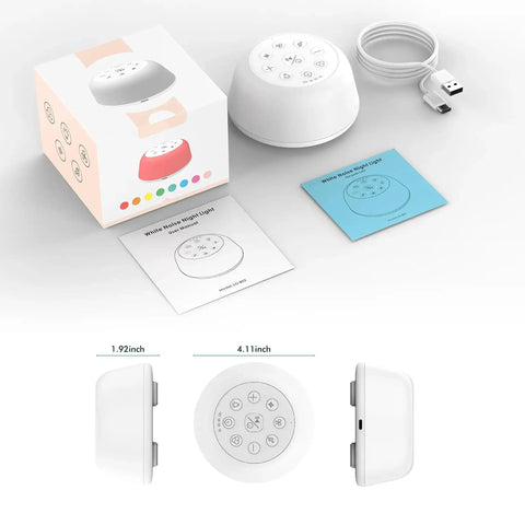 All Night White Noise Machine With 9 Color Night Light, showing packaging, USB cable, and product dimensions in inches.