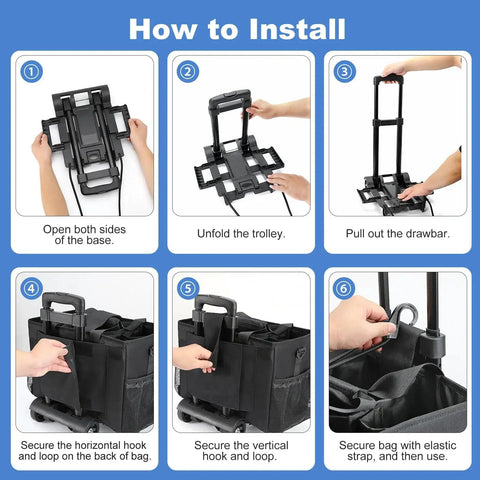 Step-by-step installation of Rolling Cleaning Caddy Bag With Detachable Trolley For Housekeepers, showing unfolding and securing steps.