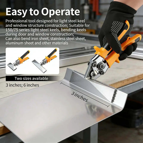 3 Inch Sheet Metal Hand Seamer with CRV Steel Body and TPR Handle used for bending sheet metal edges on a workshop table.