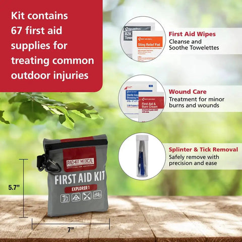 Watertight Explorer 67-Piece Outdoor First Aid Kit with supplies and dimensions for hiking and camping, pouch on natural background.
