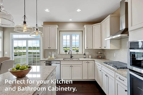 DecoBasics 2-pack full-overlay soft-close kitchen cabinet hinges; white shaker cabinetry in a modern kitchen