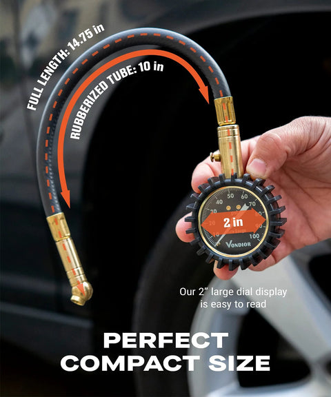 Vondior tire pressure gauge with 2-inch dial, 0-100 PSI, rubberized tube, held near a car tire