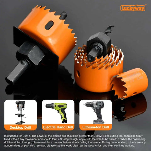 Pro Hole Saw Kit Set With 24 Pieces From Three Quarters Inch To Six Inches For Clean Smooth Cuts In Soft Wood Plywood Drywall And PVC Double Ground Teeth For Faster Drilling And Less Grab Heavy Duty Build Great For DIY Or Pros Luckyway shown with two drill attachments and instructions