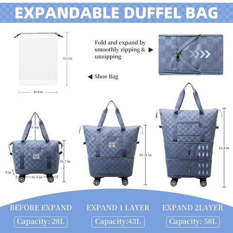 Expandable rolling duffle with four wheels and shoe bag expands from 28L to 58L, waterproof Oxford fabric, shown in three stages.