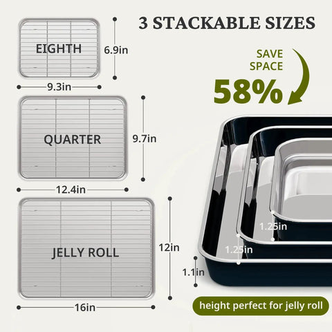Diagram showing sizes of 3 stackable stainless steel baking sheets and racks set; includes eighth, quarter, and jelly roll pans.