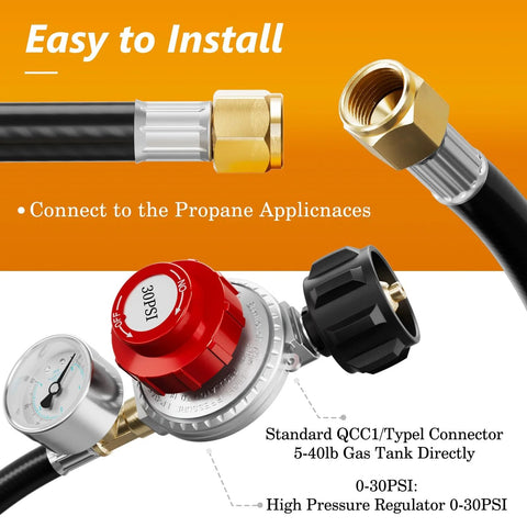Amazon NUPICK propane regulator with 6 ft hose and 0–30 PSI gauge, red knob, QCC1 connector for LP gas cookers