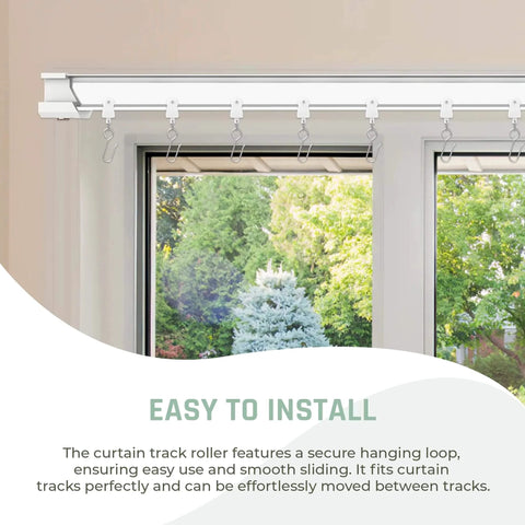 Heavy Duty Ceiling Curtain Track Rollers Pack Of 50 For Smooth Glide installed on window wall, white PVC carriers visible.