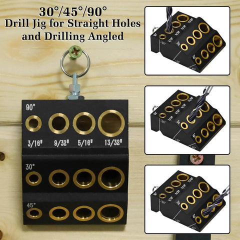 30 45 90 Degree Drill Guide for Hand Drills Portable Metal Drill Jig Built Tough From Aluminum Alloy And Copper for Straight And Angled Holes Ideal For Cable Railings Decks Wood Posts And DIY Projects, showing multiple angled holes layout for precision drilling.