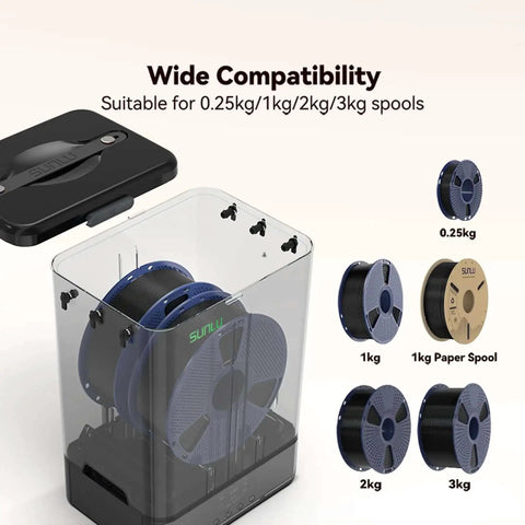 SP2 Filament Box Dryer With Rapid Heating To 70C, showing various spool sizes from 0.25 to 3 kg, stackable chamber design, black.