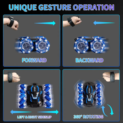 Gesture Sensing 4WD RC Stunt Car With 360 Degree Double Sided Flips Bright Lights And Music, showing unique gesture operation.