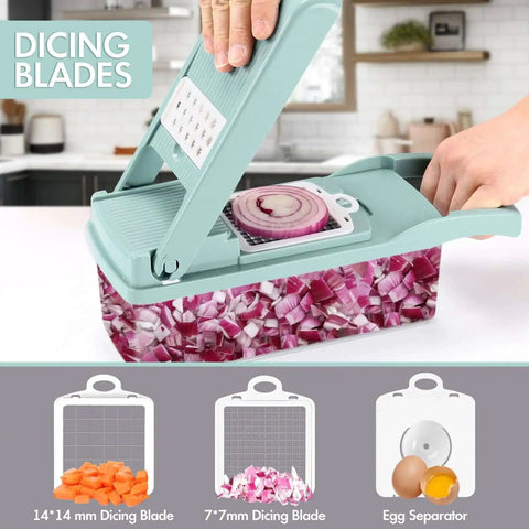 12 in 1 Vegetable Chopper And Slicer For Kitchen Prep Like A Pro, Multipurpose Food Chopper With 8 Sharp Blades, Mandoline Dicer, Blue, shown with diced onions and insert blades.
