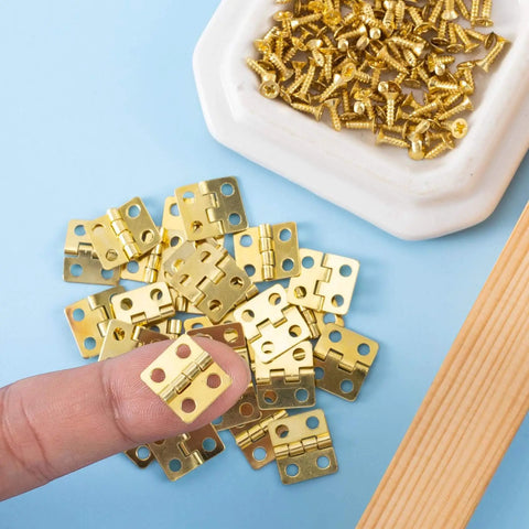 Thirty Pieces Small Brass Hinges For Crafts With 120 Screws And Nails, 13 X 12 Mm Mini Hardware For Jewelry Boxes and DIY Projects
