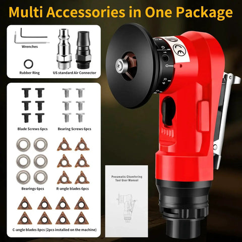 2 In 1 Pneumatic Chamfer Tool For Deburring And Beveling with attachments, bearings, blades, and manual, 45° arc bevel design