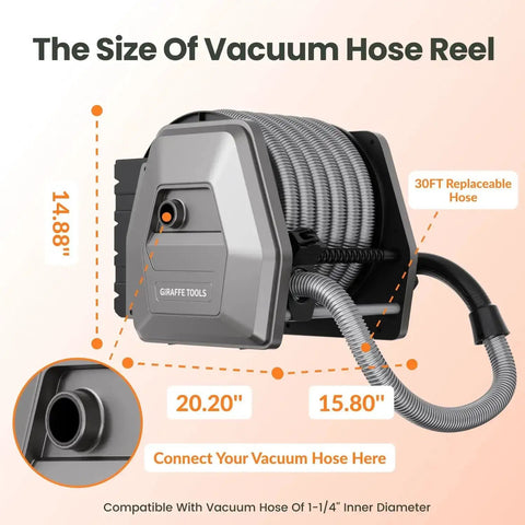 Wall-mounted retractable vacuum hose reel with 30ft hose extension, size indications, and 1-1/4 inch diameter for 32mm wet dry vacuums.