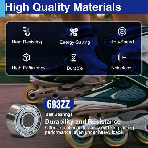 Image of 20Pcs 693ZZ Miniature Ball Bearings with high-quality materials icons, durability and resistance text overlay.