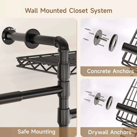 Industrial Pipe Wall Mounted Garment Rack With Walk In Closet System showing installation with concrete and drywall anchors