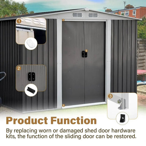 View of shed with Door Tune Up Kit For Arrow Shed Sliding Doors DK100 A Replacement Parts installed, including handles and guides.