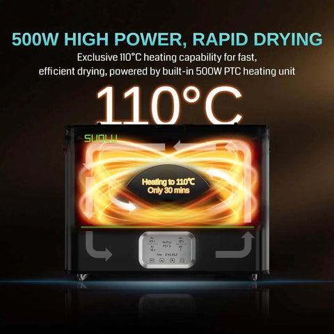 Engineering Filament Dryer Box With 110C Heat And 500W PTC Heater showcasing heating capabilities and digital control panel.