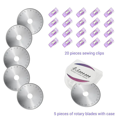 All In One 45mm Rotary Cutter Set With 5 Extra Blades, A3 Self Healing Cutting Mat, 6.5x12 Inch Quilting Ruler, Craft Knife With 10 Extra Blades, 20 Sewing Clips, Perfect For DIYers And Crafters, Patchwork Projects, Purple showing rotary blades and sewing clips