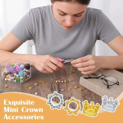 Person crafting with 60 Pcs Mini Crown Charms For Crafts 3D Hollow Queen Crown Beads, gold and silver, for DIY jewelry making.