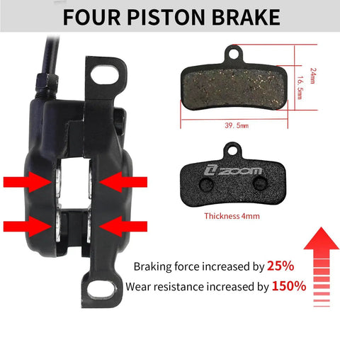 Black Zoom four-piston hydraulic disc brake caliper set with pads and mounting hardware
