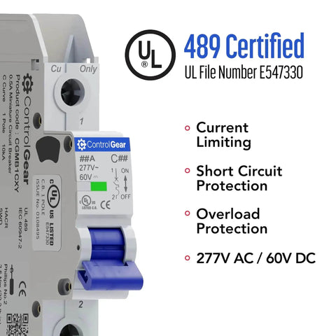 UL489 Listed Mini Circuit Breaker 5 Amp C Curve for 277VAC 60VDC, 10kAIC, DIN Rail Mount, Non Polarized MCB