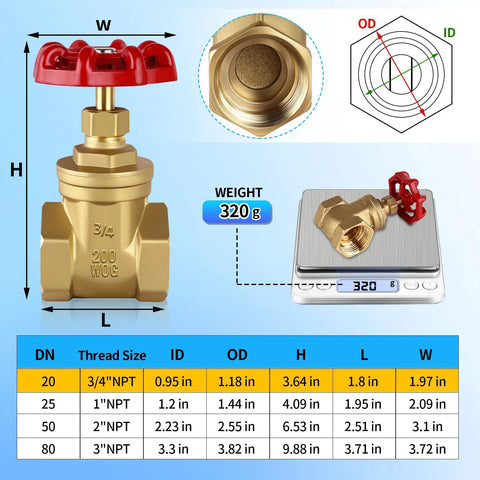 Brass gate valve 3/4'' NPT with red wheel handle, double female thread, 200 WOG, heavy-duty water shutoff