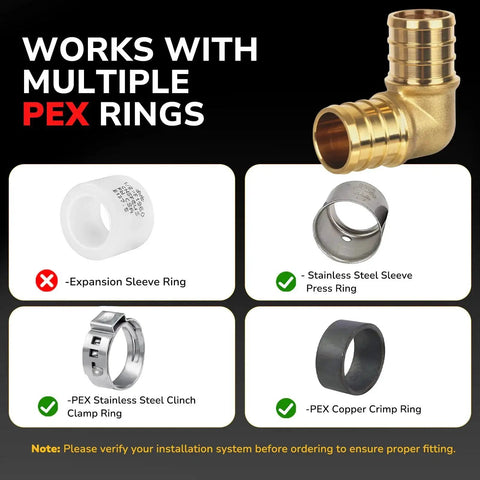 10 Pack PEX Three Quarter Inch Brass 90 Degree Crimp Elbows NSF UPC Certified, compatible with multiple PEX rings.