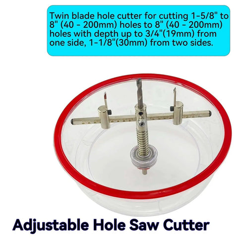 Adjustable Hole Saw Cutter Kit From One And Five Eighths Inch To Eight Inch with ABS dust cover shown with measurement guide