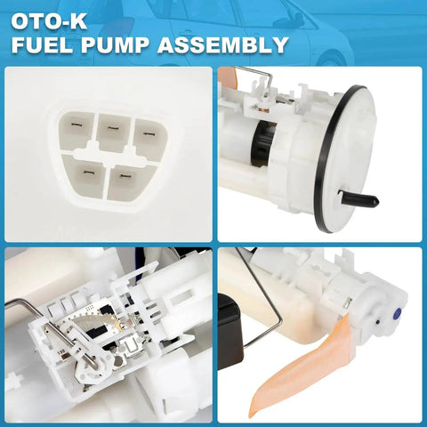 Detailed view of Drop-In Electric Fuel Pump Module Assembly For Toyota Corolla And Chevy Prizm 1998 1999 2000 2001 2002 1.8L L4 Gas Direct Fit Replacement OEM-Grade Fuel Pump Assembly Replaces FG2218 SP9163M 77024-02010 83320-12620 23221-0D010, showing connection ports and internal components in white plastic housing.