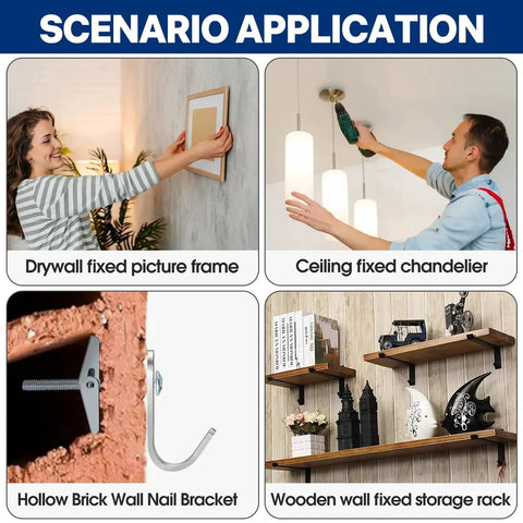 Scenarios showing 30 Sets Heavy Duty Toggle Bolts Kit For Drywall And Hollow Walls with different household applications.