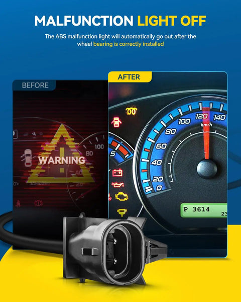 Before and after dashboard display showing ABS light off, with connector for Front Wheel Hub Bearing Assembly For Mountaineer 2002 To 2005, Explorer 2002 To 2005, Aviator 2003 To 2005 With Abs Sensor, 5 Lug, Bolt Circle 114.3Mm, Pilot Diameter 81.9Mm, Flange With 3 Bolts.