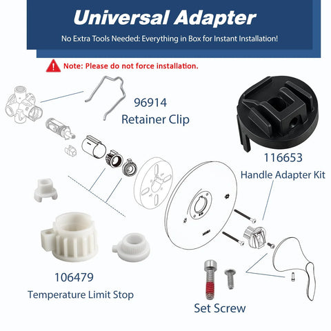 PLISPARK Universal Moen 1222 cartridge kit exploded view with retainer clip, handle adapter 116653, limit stop 106479