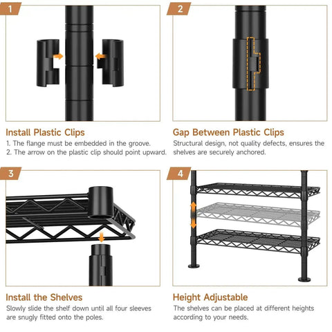Installation guide for Wall Mounted Garment Rack with Four Expandable Rods and Eight Adjustable Shelves, black metal.