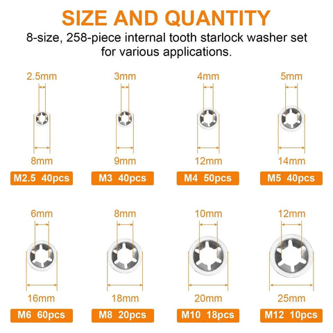 Chart showing sizes and quantities in Internal Tooth Star Lock Washers Kit Pack With 258 Pieces In 8 Sizes M2.5 To M12 304 Stainless Steel