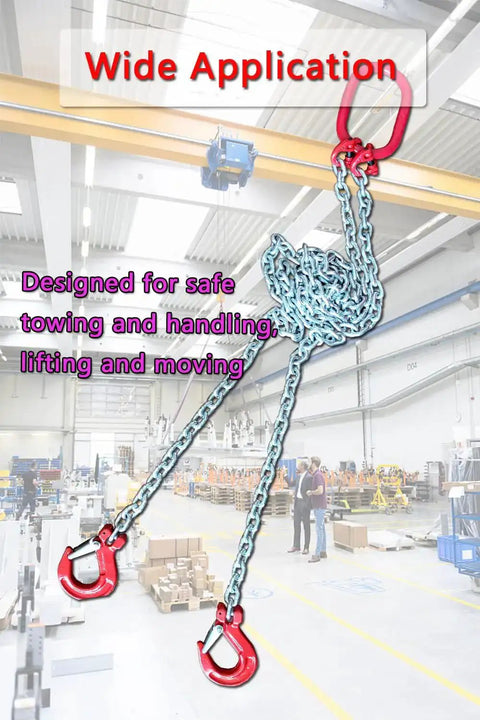Warehouse scene with Beefy 2 Ton Grade 80 Alloy Steel Chain Sling 5 Ft long 2 leg with sling hooks, hung from beam