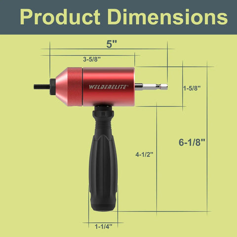 Red Rivet Nut Drill Adapter Kit With Dual Drive Modes showing dimensions; 5 inches wide, 6-1/8 inches tall with black handle