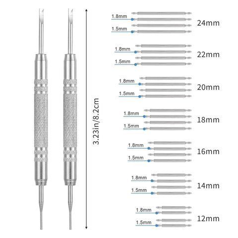 30 Piece Watch Band Pins Replacement Kit With Heavy Duty Stainless Steel Double Ended Pin Springs For Bracelet Repair Diameter 1.5-1.8mm with pin sizes and screwdrivers