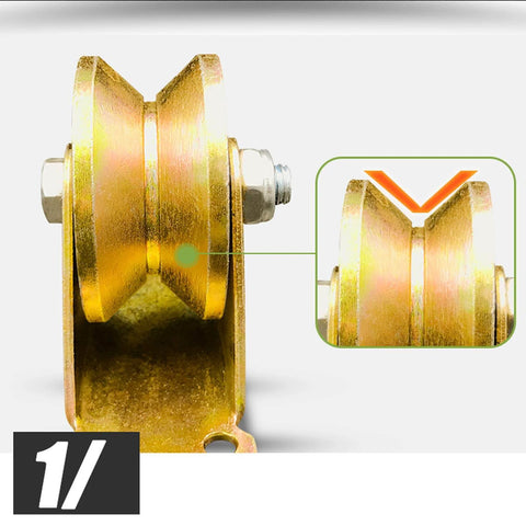 Side view of V Shaped Groove Track With Sliding Gate Roller And Beefy Heavy Duty Rigid Caster Set, 32mm wheel, industrial use.