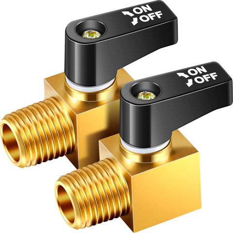 Two brass mini ball-type air compressor drain valves with black ON/OFF levers, 1/4 in NPT male x female