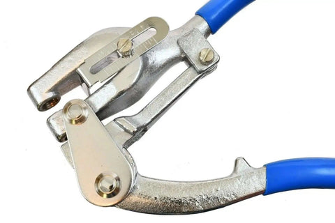 Beefy Heavy Duty Handheld Hole Punch Kit for aviation sheet metal and plastic, close-up of tool with adjustable edge guide.