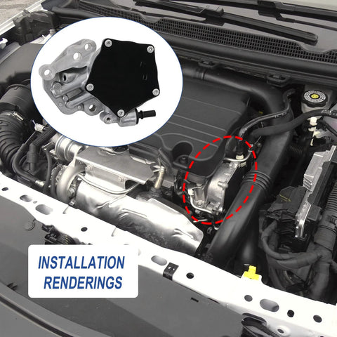 Brake vacuum pump with gasket, silver metal body and black cover, installed in engine bay