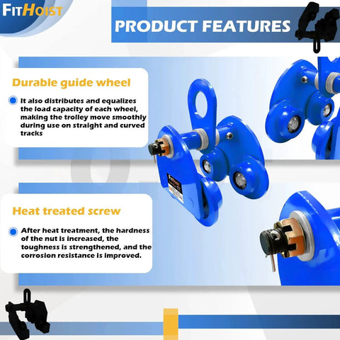 Close-up of manually operated 1 ton push beam trolley features, showcasing durable guide wheel and heat treated screw.