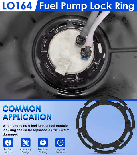 Installed Direct Replacement Fuel Pump Lock Ring For Buick Cadillac Chevrolet Dodge Ford GMC Hummer Isuzu Jeep Lincoln Mazda Pontiac Ram Saab Saturn Suzuki Volkswagen GM Fits OEM Specs, No Fuss Install, Universal Lock Ring Clip