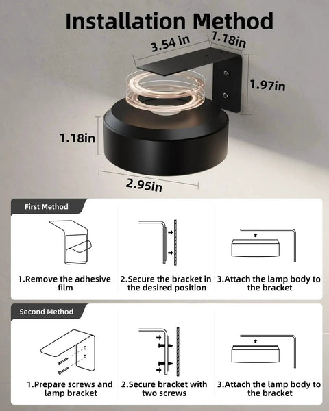Installation diagram for Rechargeable Picture Light With 3 Color Temperatures 12 RGB Colors And Remote; includes measurements and mounting steps