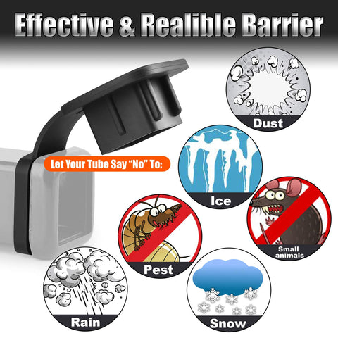 Close-up of 2 Inch Trailer Hitch Cover Plug Cap Insert Universal Fit Black Receiver Tube Cover for 2x2 Inch Hitches Class III IV V with barriers against dust, ice, pests, and rain.