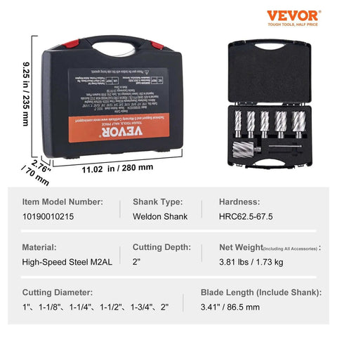 Annular Cutter Set For Magnetic Drills, 6 Pc Weldon Shank Bits, 2 In Cutting Depth, 1 To 2 In Cutting Diameter, M2AL HSS